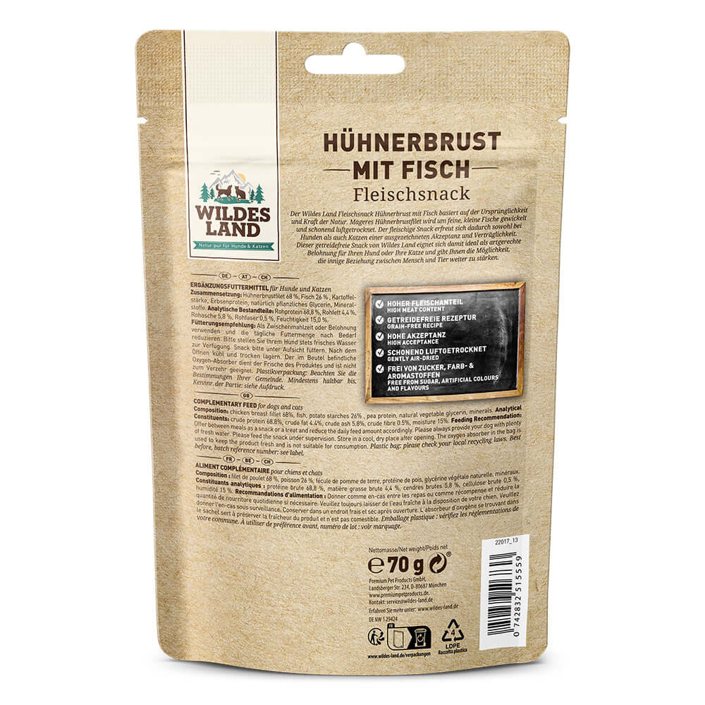 Wildes Land Fleischsnacks Hühnerbrust mit Fisch Snack Rückseite