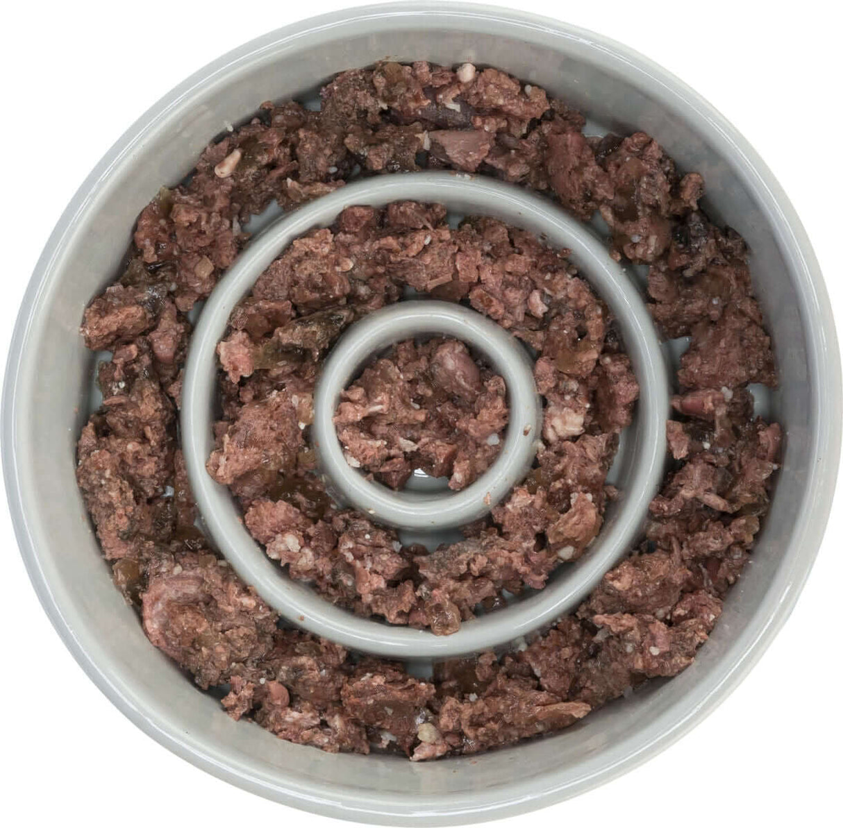 Trixie Slow Feeding Napf aus Keramik mit spiralförmigem Futter, ideal für langsame Nahrungsaufnahme bei Hunden.