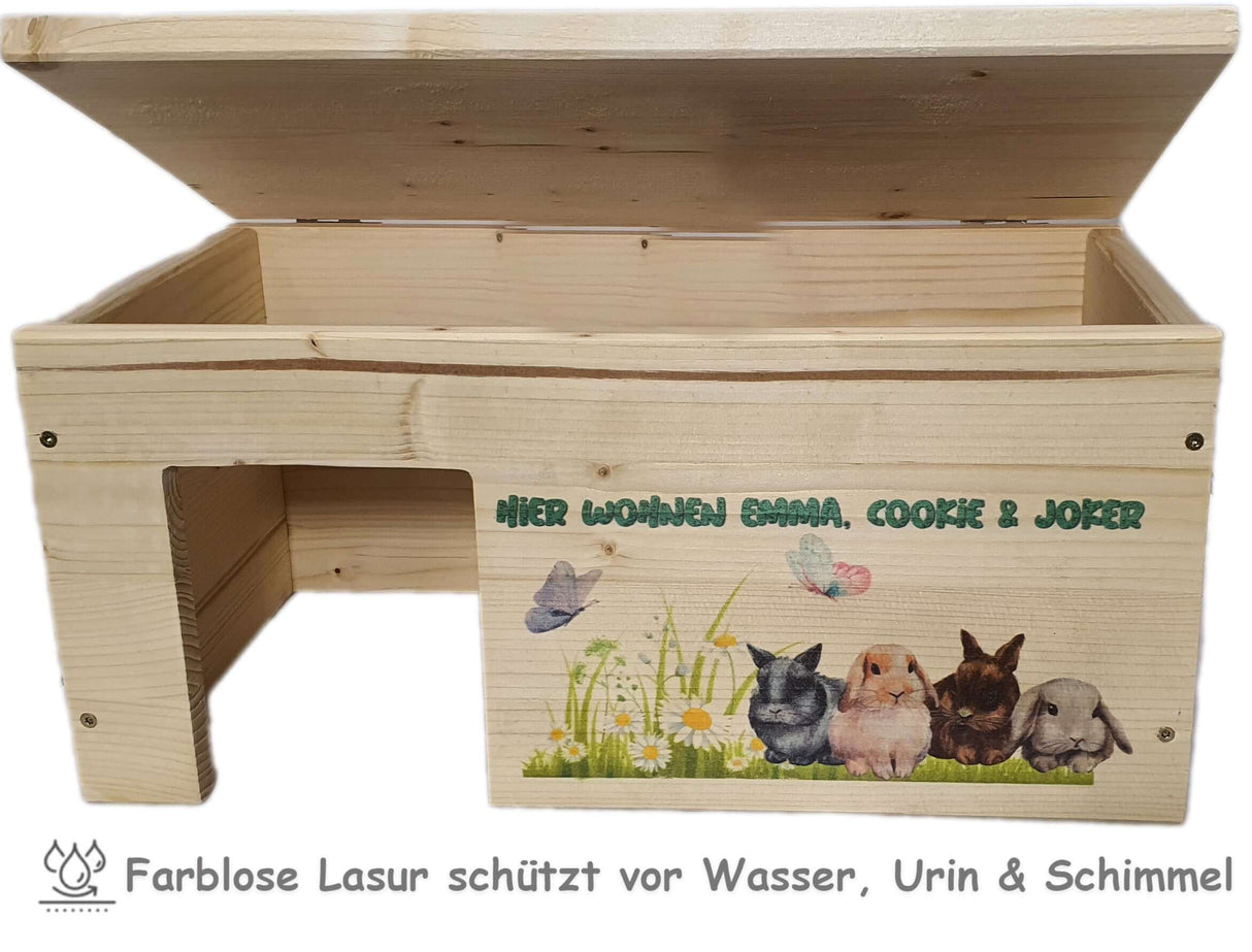 Kaninchenhaus Personalisiert mit Wunschnamen aus Holz - - Nagerstore
