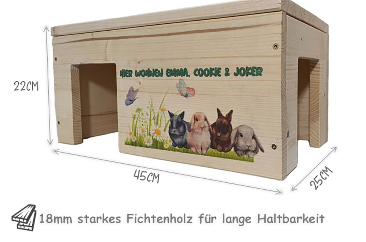 Kaninchenhaus Personalisiert mit Wunschnamen aus Holz - - Nagerstore
