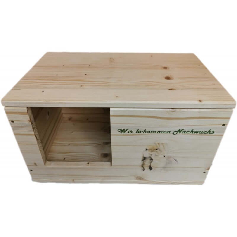 Kaninchen Hasen Wurfbox mit Holzlasur, Aufklappbar und Motiv - - Nagerstore