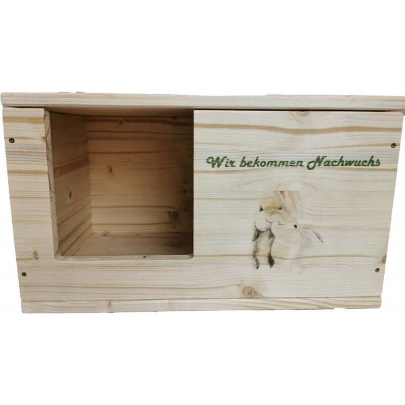 Kaninchen Hasen Wurfbox mit Holzlasur, Aufklappbar und Motiv - - Nagerstore
