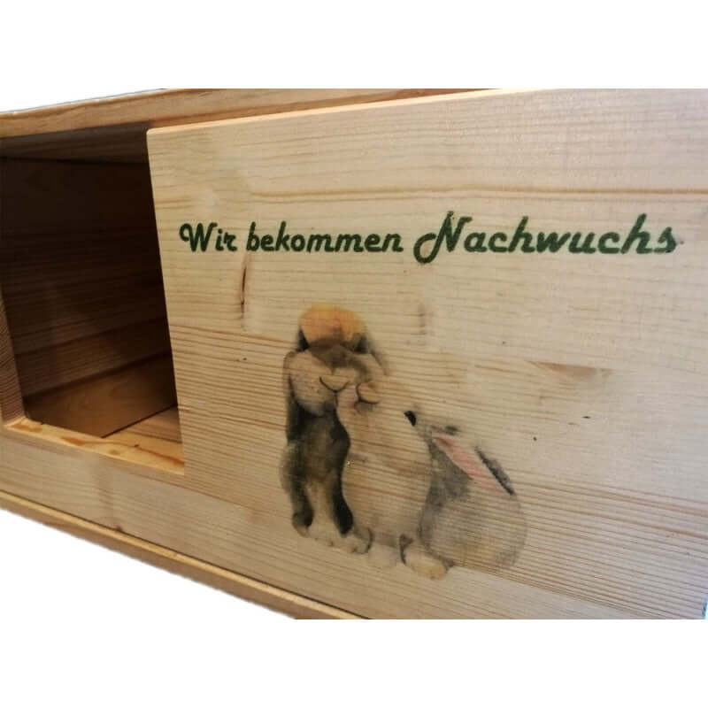 Kaninchen Hasen Wurfbox mit Holzlasur, Aufklappbar und Motiv - - Nagerstore