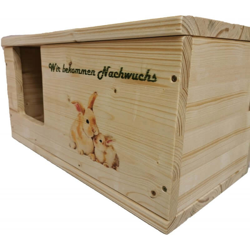 Kaninchen Hasen Wurfbox mit Holzlasur, Aufklappbar und Motiv - - Nagerstore