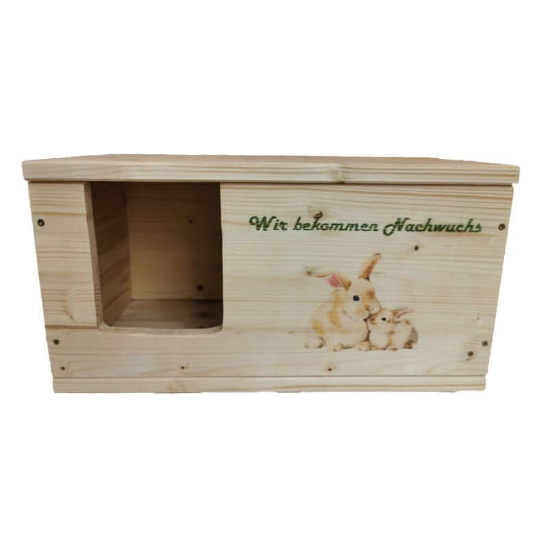 Kaninchen Hasen Wurfbox mit Holzlasur, Aufklappbar und Motiv - - Nagerstore