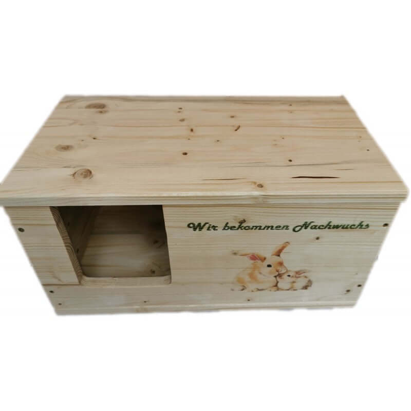 Kaninchen Hasen Wurfbox mit Holzlasur, Aufklappbar und Motiv - - Nagerstore
