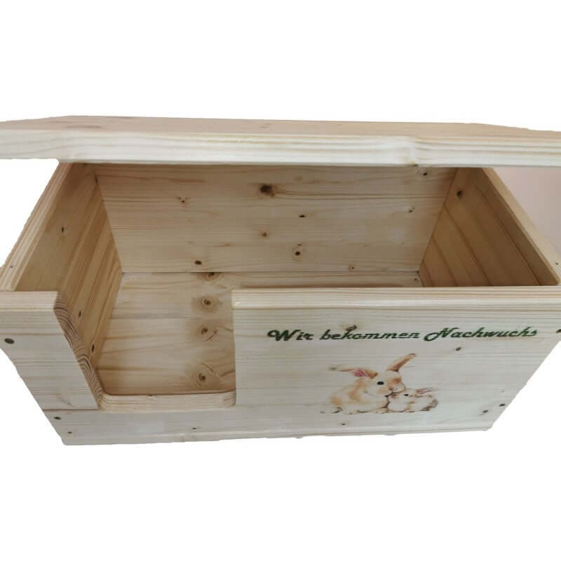 Kaninchen Hasen Wurfbox mit Holzlasur, Aufklappbar und Motiv - - Nagerstore