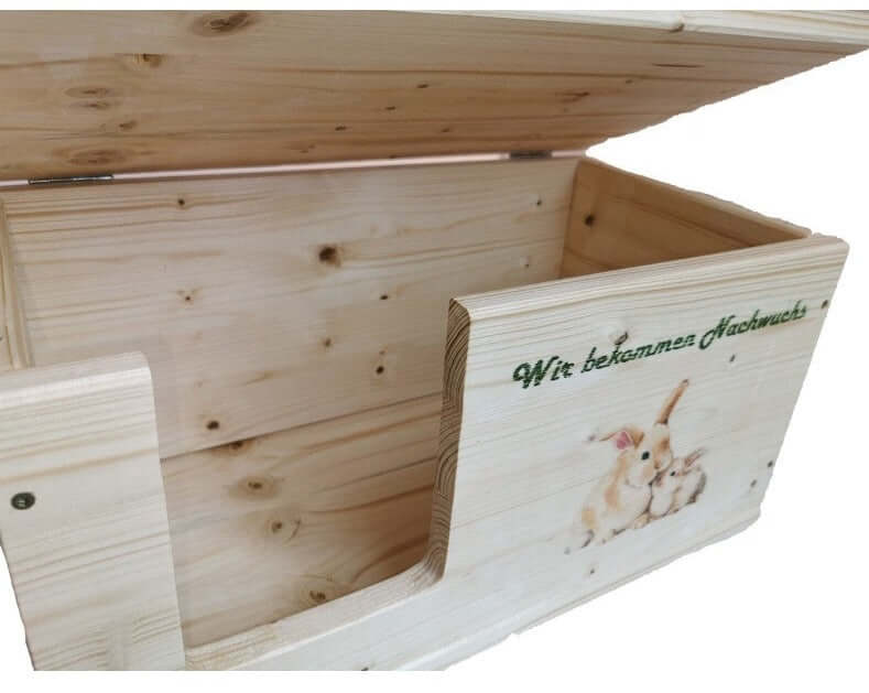 Kaninchen Hasen Wurfbox mit Holzlasur, Aufklappbar und Motiv - - Nagerstore