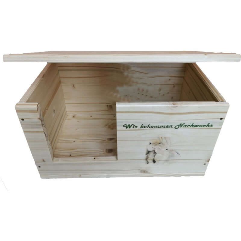 Kaninchen Hasen Wurfbox mit Holzlasur, Aufklappbar und Motiv - - Nagerstore