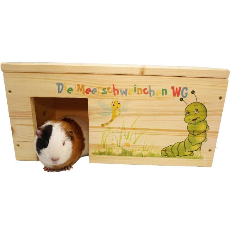 Meerschweinchenhaus Natur mit 2 Eingängen, Holzlasur & Aufklappbar - - Nagerstore