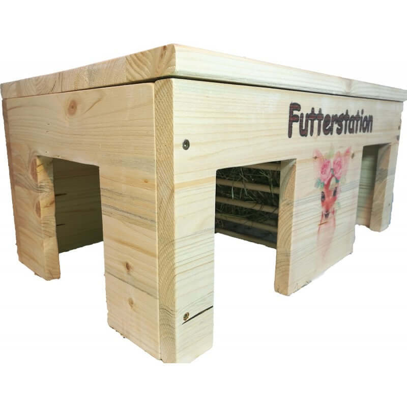 Meerschweinchenhaus XXL mit Heuraufe, Motiven & Schutzlasur - - Nagerstore