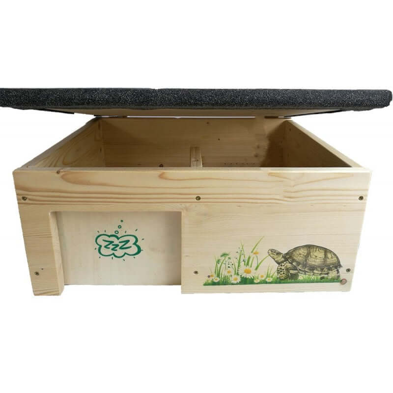 Schildkrötenhaus L Schutzhaus mit Windfang, Holzlasur & Aufklappbar - - Nagerstore