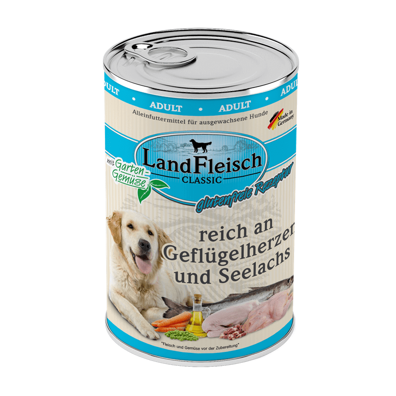 LandFleisch Dog Classic reich an Geflügelherzen und Seelachs & Gartengemüse