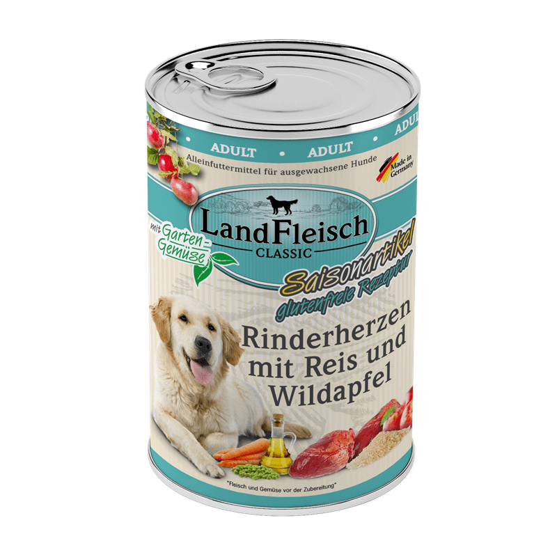 LandFleisch Dog Classic Rinderherzen mit Reis, Wildapfel & Gartengemüse