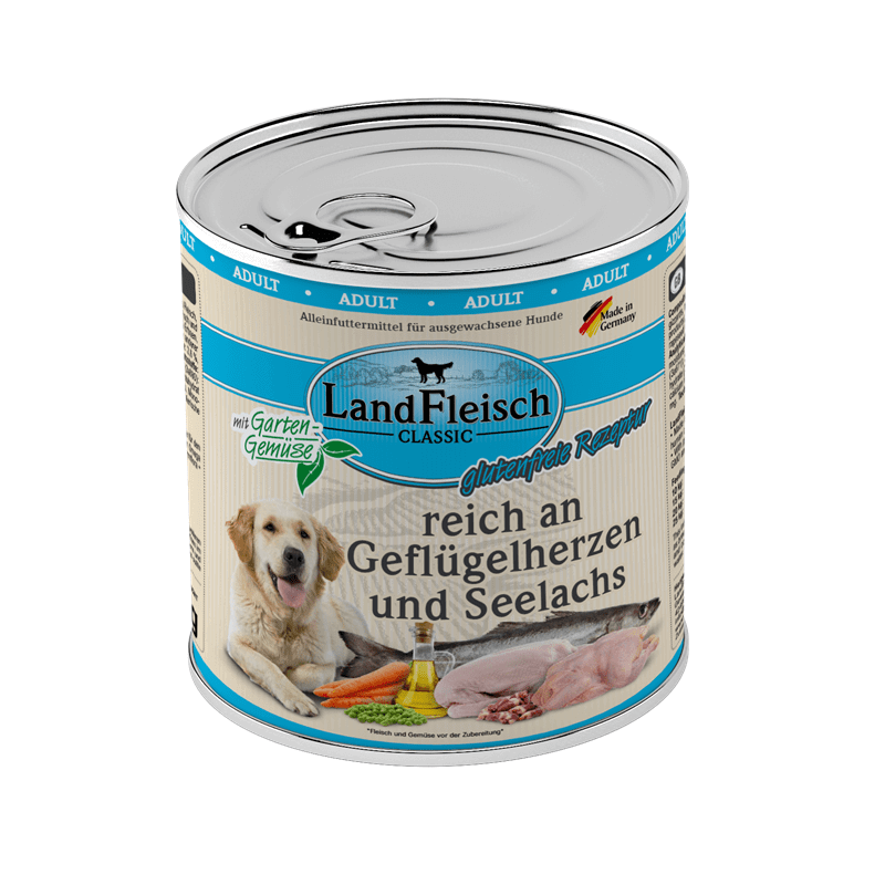 LandFleisch Dog Classic reich an Geflügelherzen und Seelachs & Gartengemüse