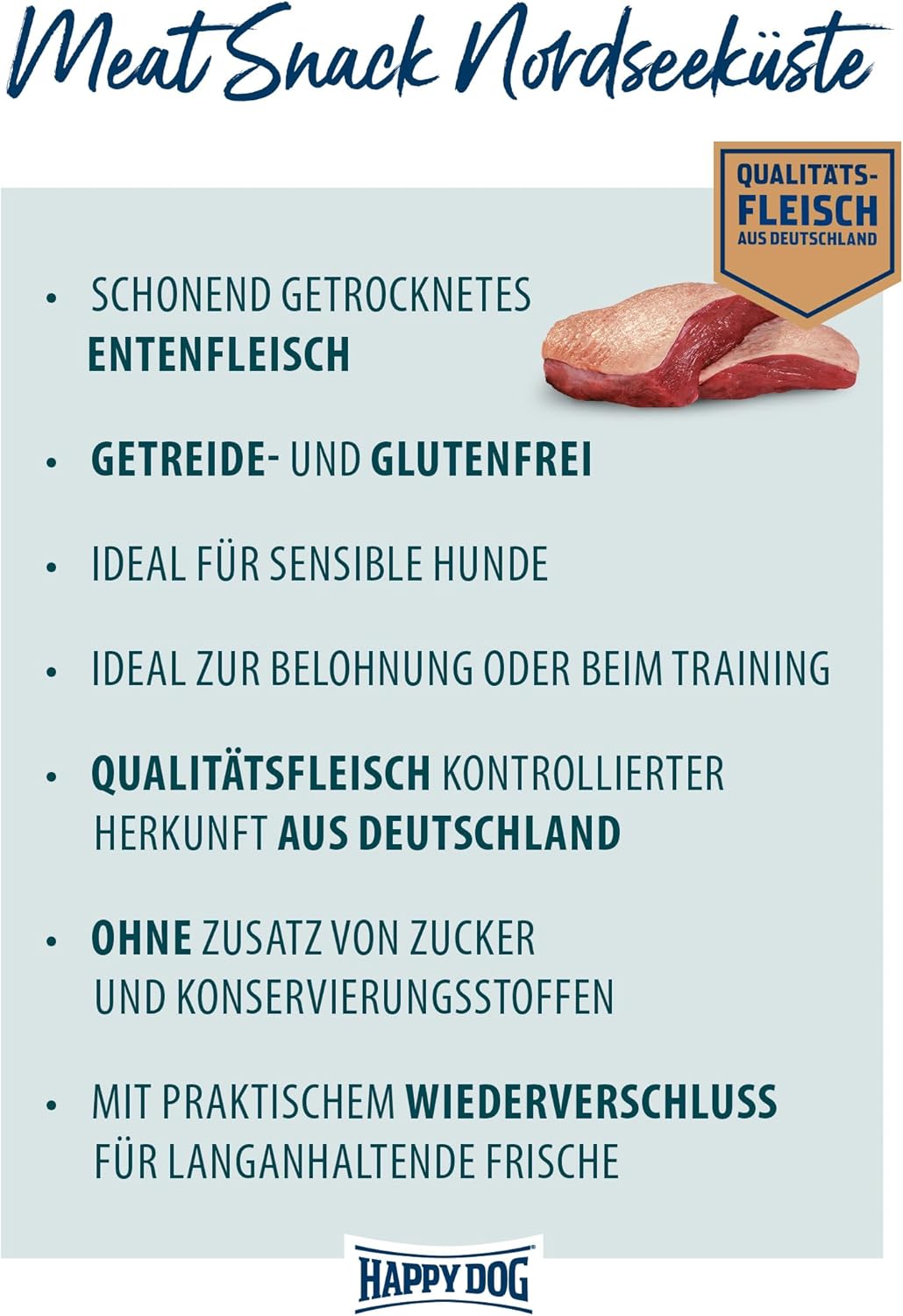 Happy Dog Meat Snack Nordseeküste: getreidefreies Entenfleisch, ideal für sensible Hunde, ohne Zucker und mit praktischer Frischeverpackung.