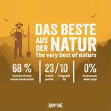 Infografik zu Happy Dog: 68% tierisches Protein, 23% Protein, 0% Zuckerzusatz, Natürliches Futter für Hunde.