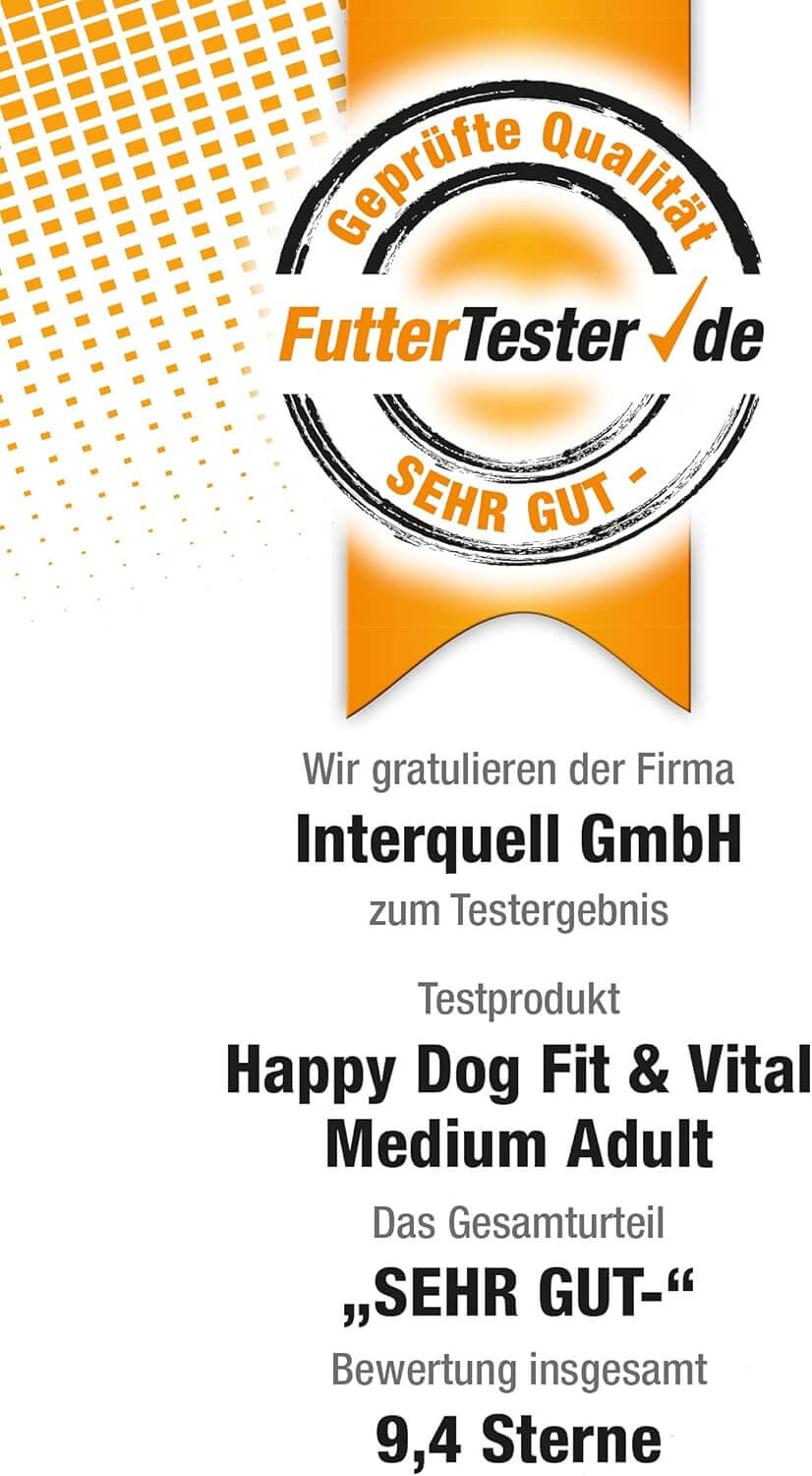 Auszeichnung für Happy Dog Fit & Vital Medium Adult mit Gesamtbewertung SEHR GUT, 9,4 Sterne von FutterTester.de