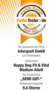 Auszeichnung für Happy Dog Fit & Vital Medium Adult mit Gesamtbewertung SEHR GUT, 9,4 Sterne von FutterTester.de