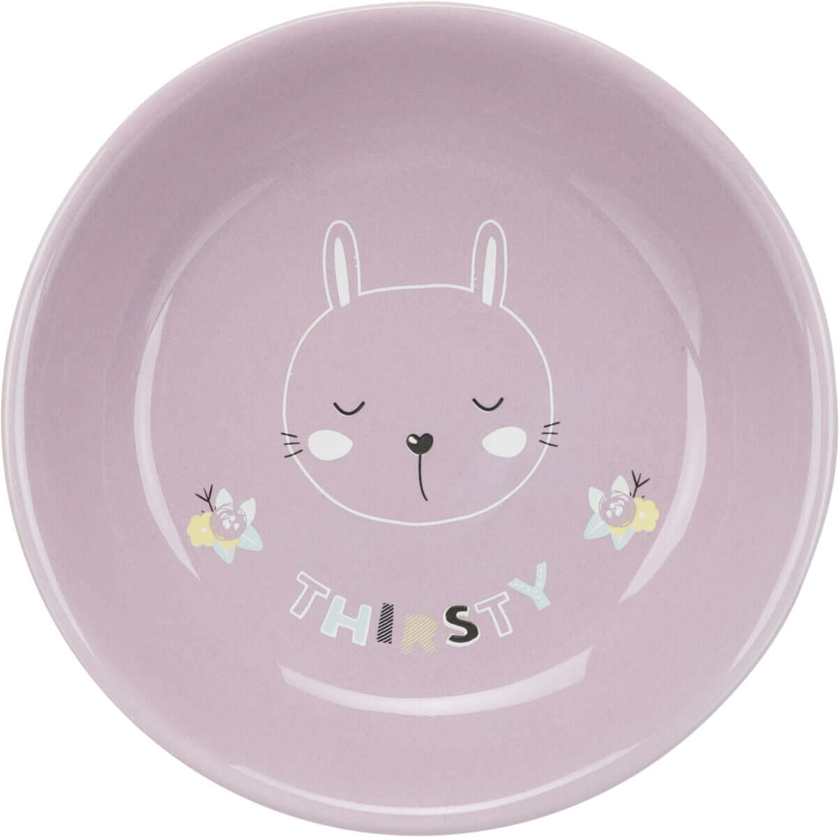 Trixie Katzennapf Junior flach mit niedlichem Hasenmotiv und der Aufschrift 'THIRSTY'.