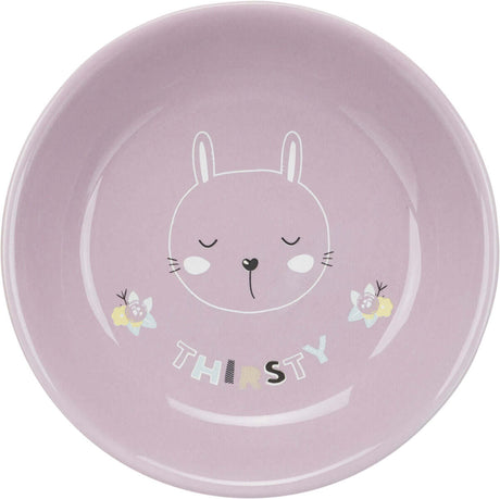 Trixie Katzennapf Junior flach mit niedlichem Hasenmotiv und der Aufschrift 'THIRSTY'.