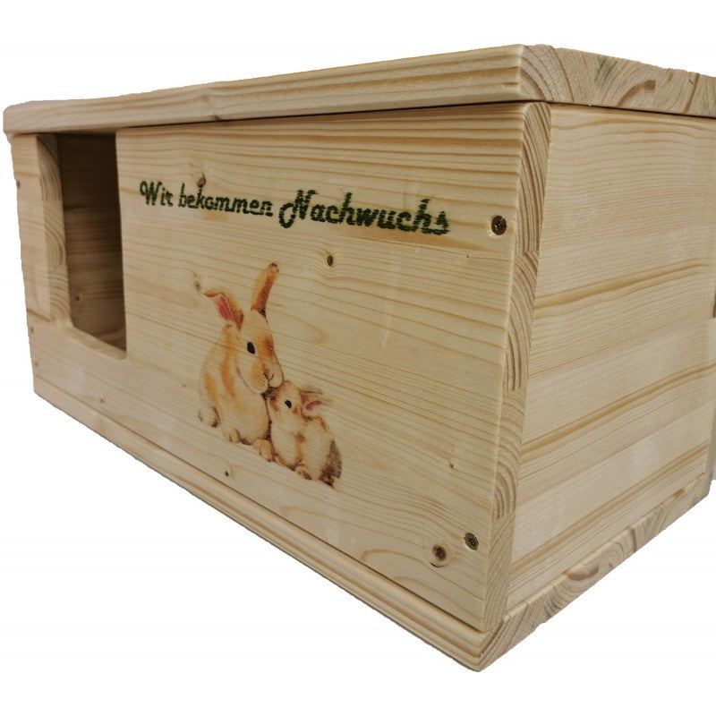 Kaninchen Hasen Wurfbox mit Holzlasur, Aufklappbar und Motiv -  - Nagerstore