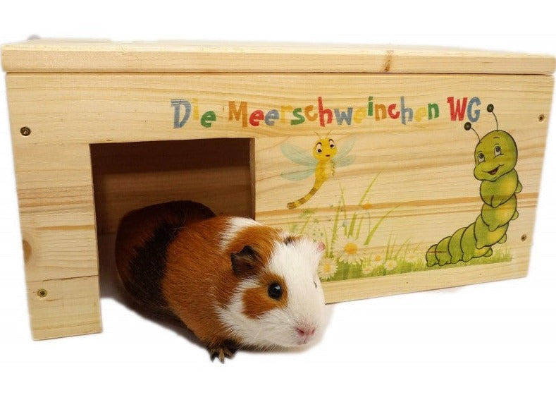 Meerschweinchenhaus Natur mit 2 Eingängen, Holzlasur & Aufklappbar